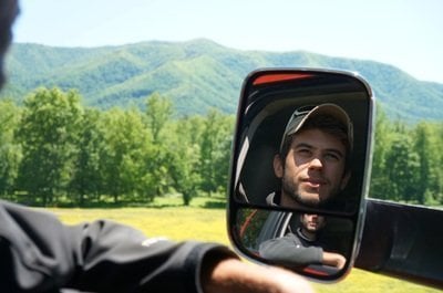 man in truck mirror smoky mountains