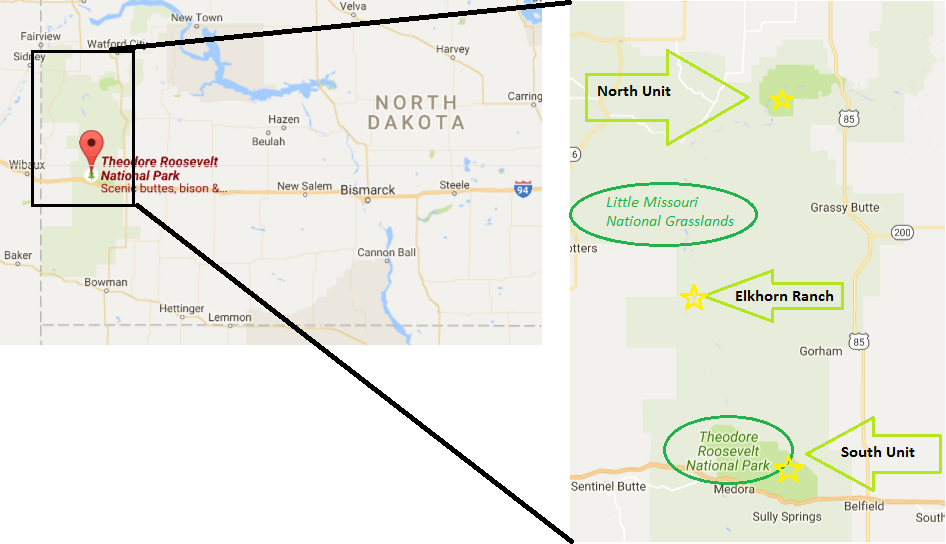 Map of Theodore Roosevelt National Park, North Unit, South Unit, Elkhorn Ranch, Little Missouri National Grasslands, North Dakota