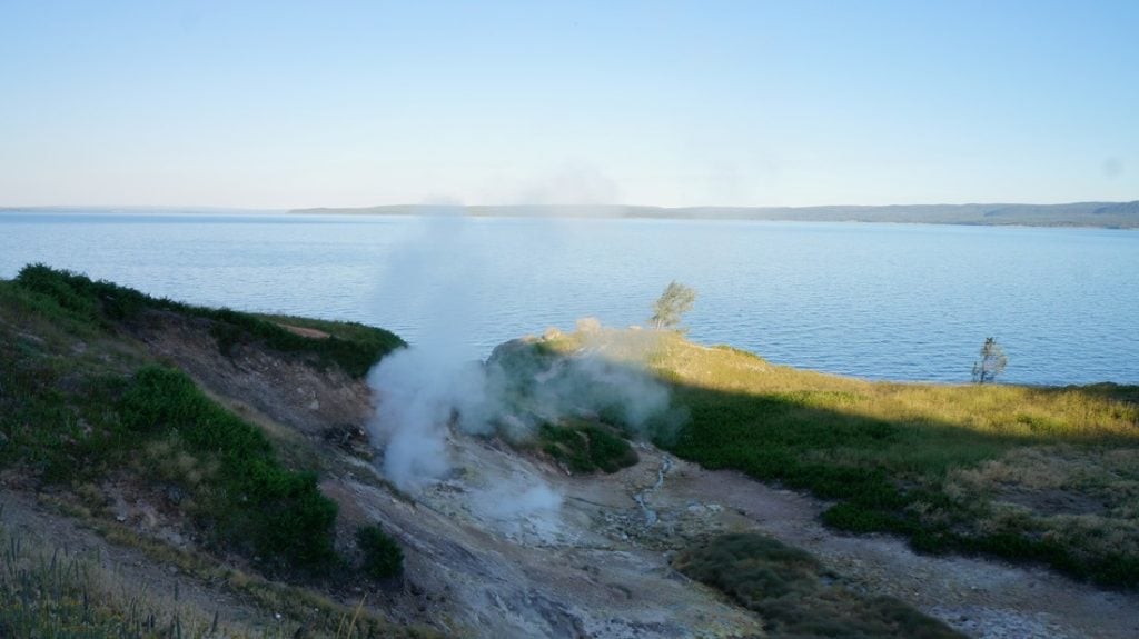 Yellowstone Lake and adjacent steam vents in the morning