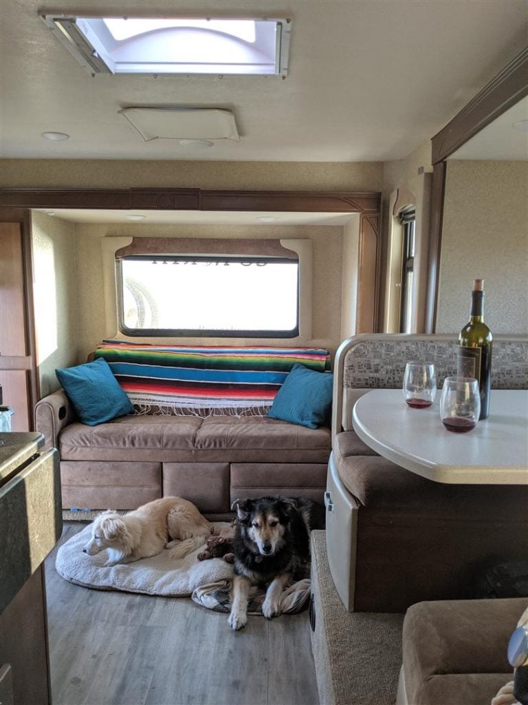 inside of the truck camper with dogs and wine