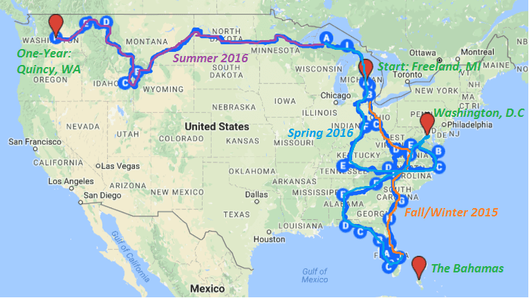 one year of fulltime rv living map