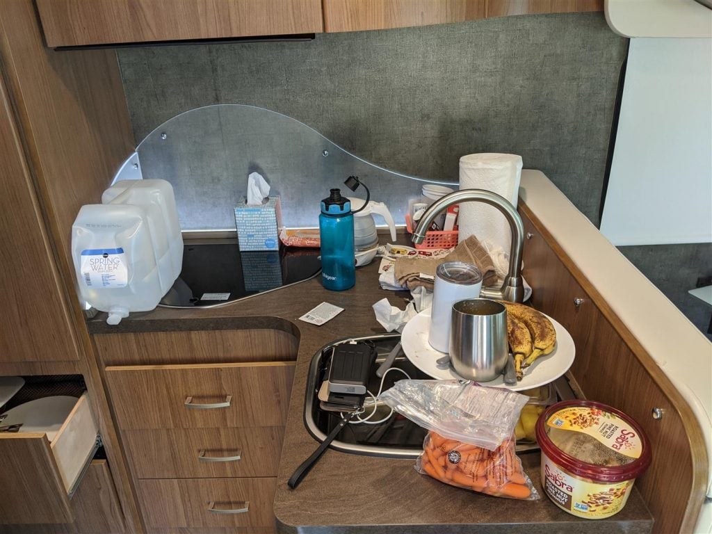 small crowded rv kitchen counter space