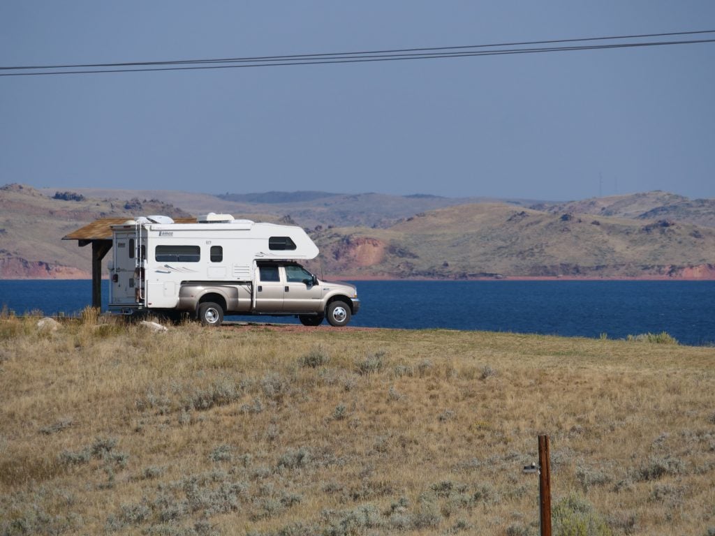 Truck camper with view of lake