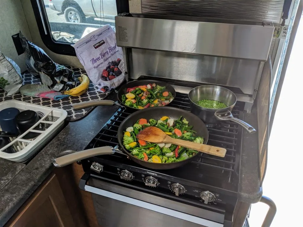 cooking on a 3 burner RV stove 