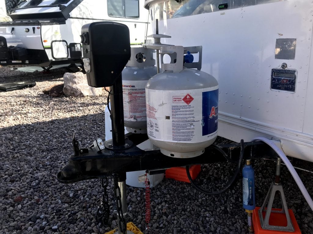 RV propane tanks on tongue of travel trailer