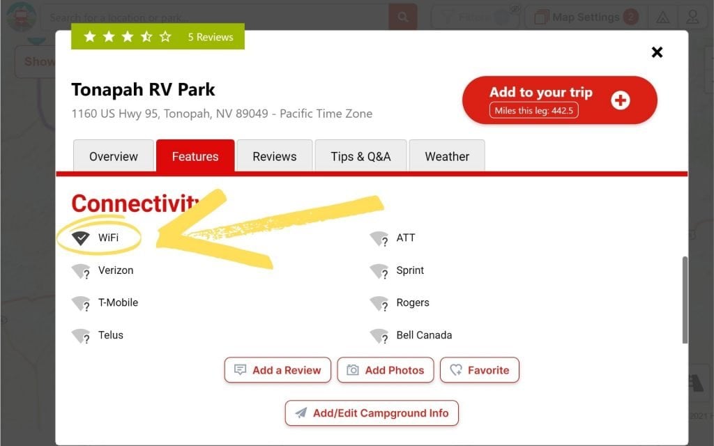 Find campgrounds with WiFi by using RV Trip Wizard