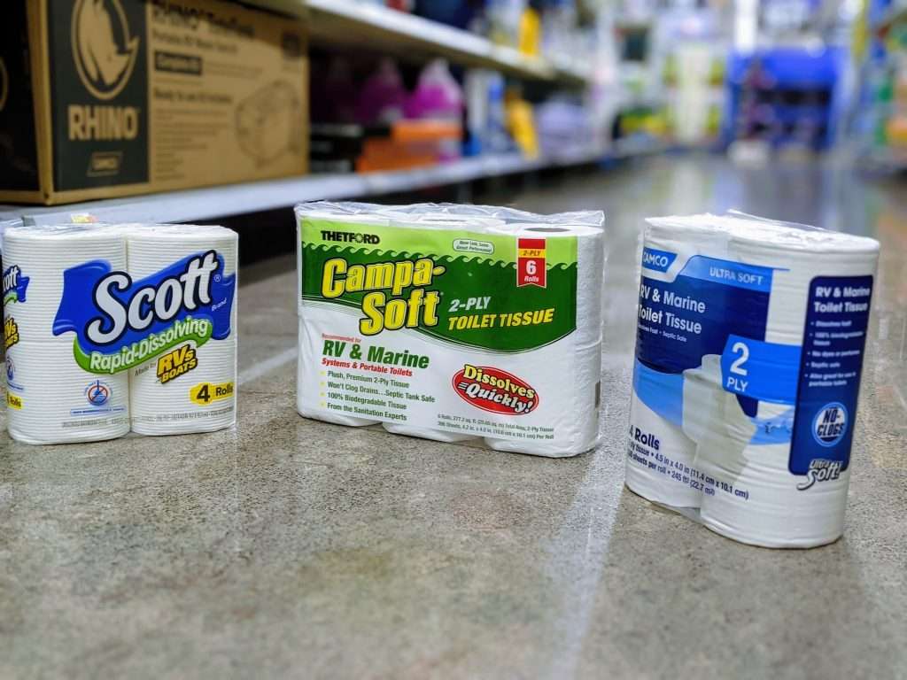 three types of rv toilet paper at a store