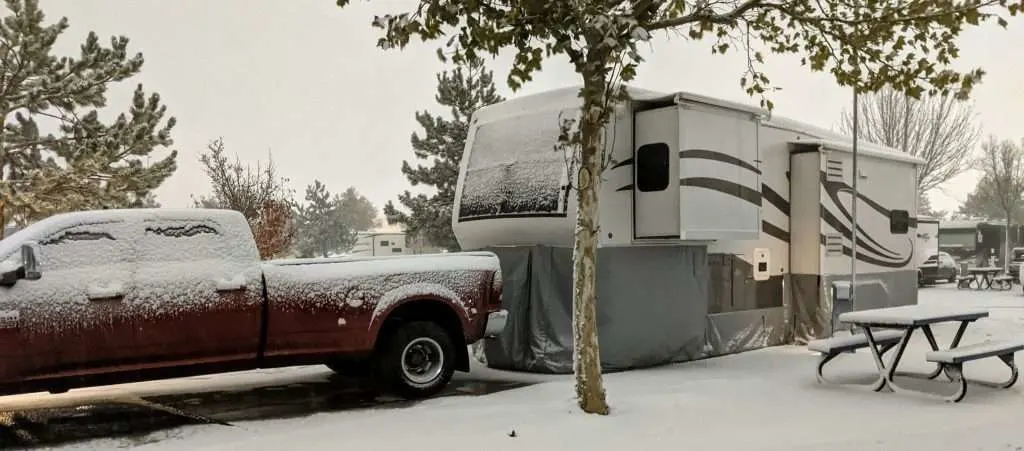 winter RV with heated sewer hose connection