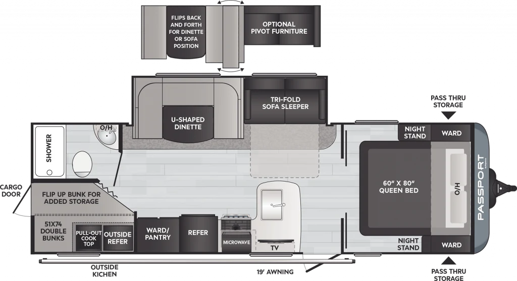 Floor plan of Keystone passport travel trailer model.