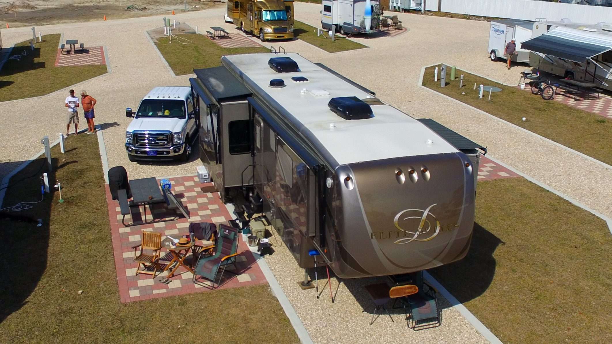 Aerial image of RV parked. Heat pumps installed on the roof of the RV.