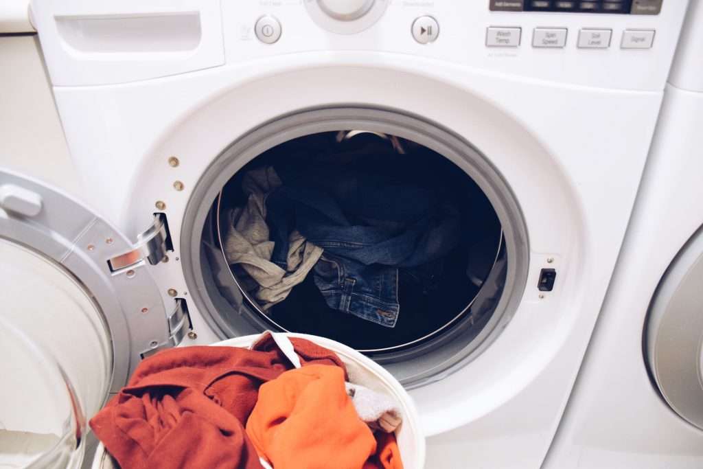 Clothes in washing machine.