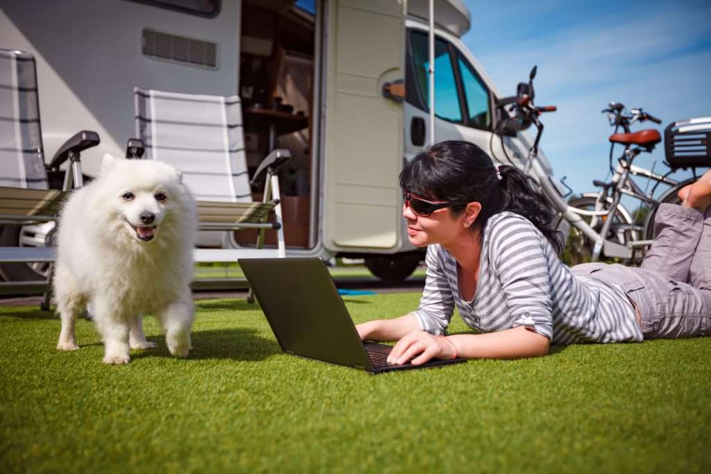 Woman on the grass with a dog looking at a laptop in front of RV.