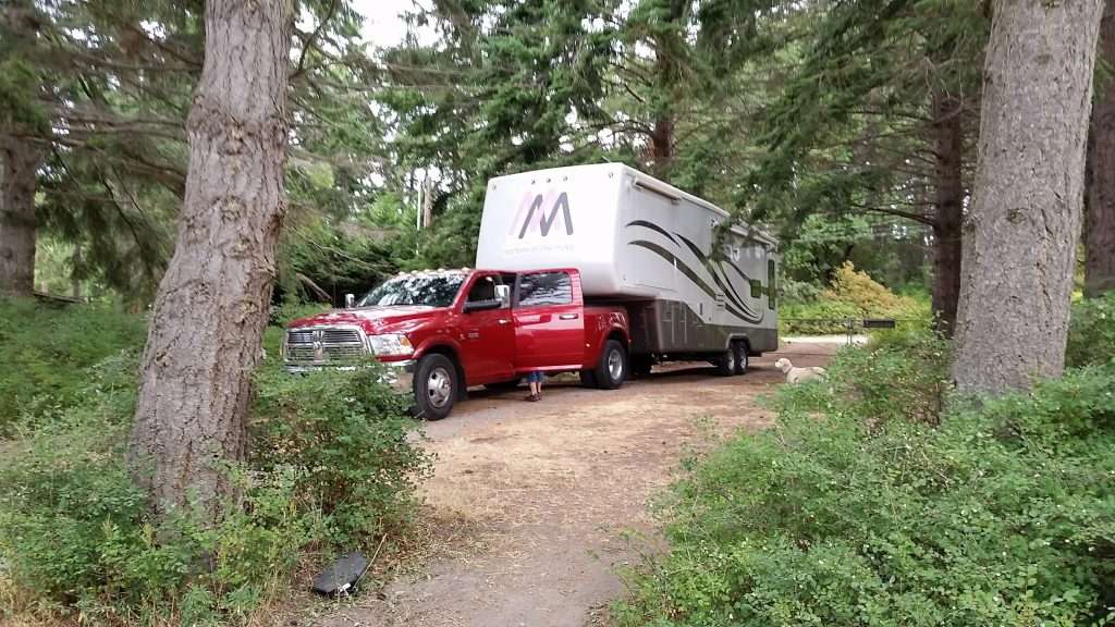 Mortons on the Move truck and fifth wheel parked amongst the trees. 