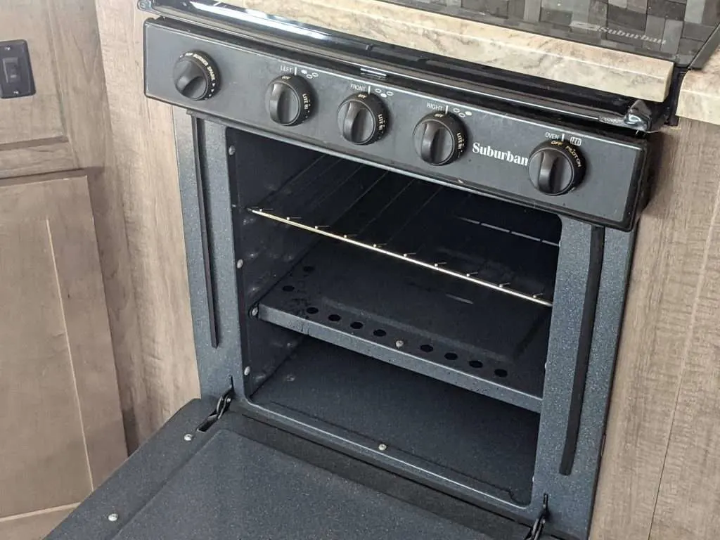 RV oven with door open