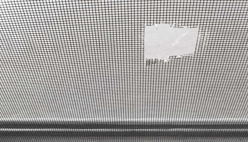 Window screen with a hole in it.