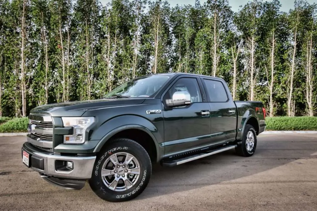 Black Ford F-150 parked in front of trees.