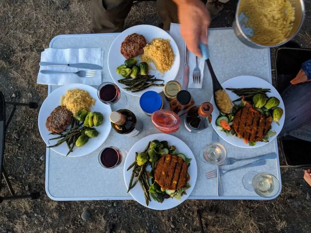 view from above on meals on camping table