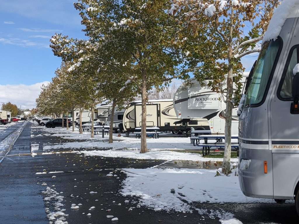 RVs parked in the snow.