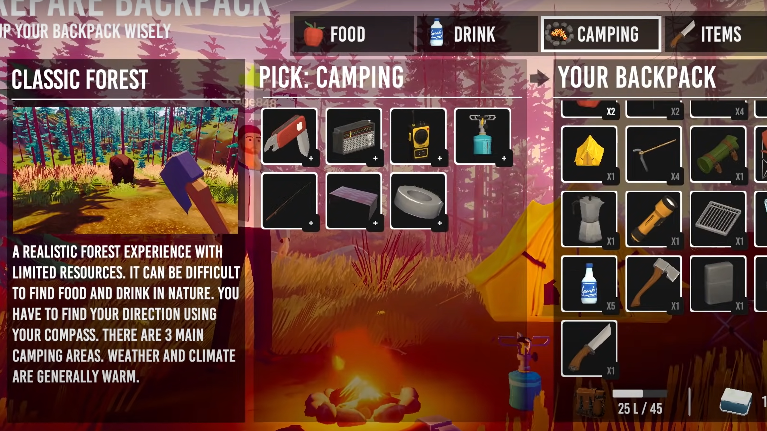selecting supplies in camping game