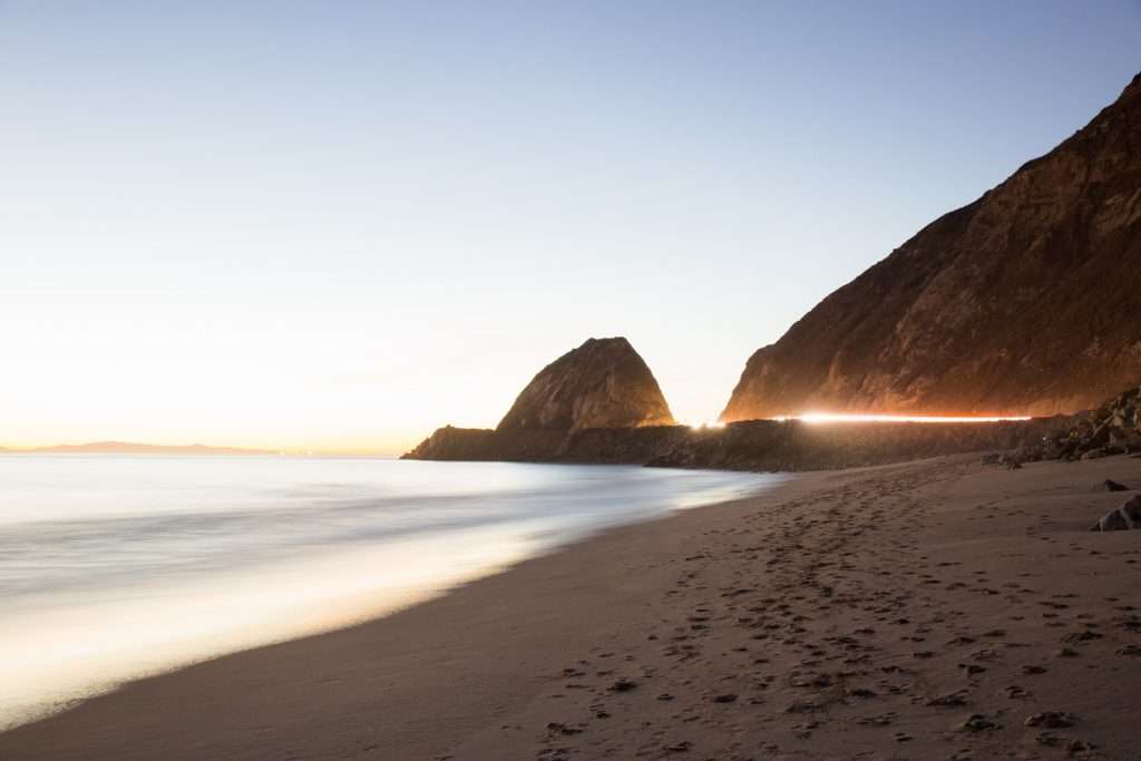 Beach at sunset along California Coast.