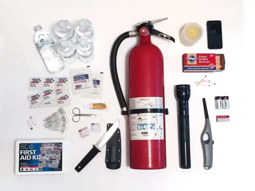 Fire extinguisher and first aid kit.