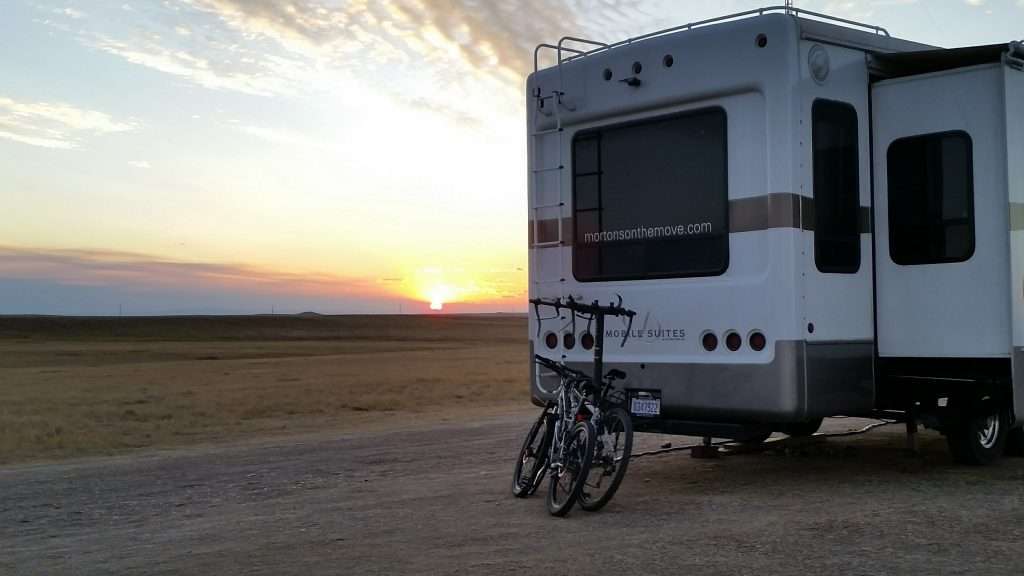 Mortons on the Move RV parked at sunset while boondocking.