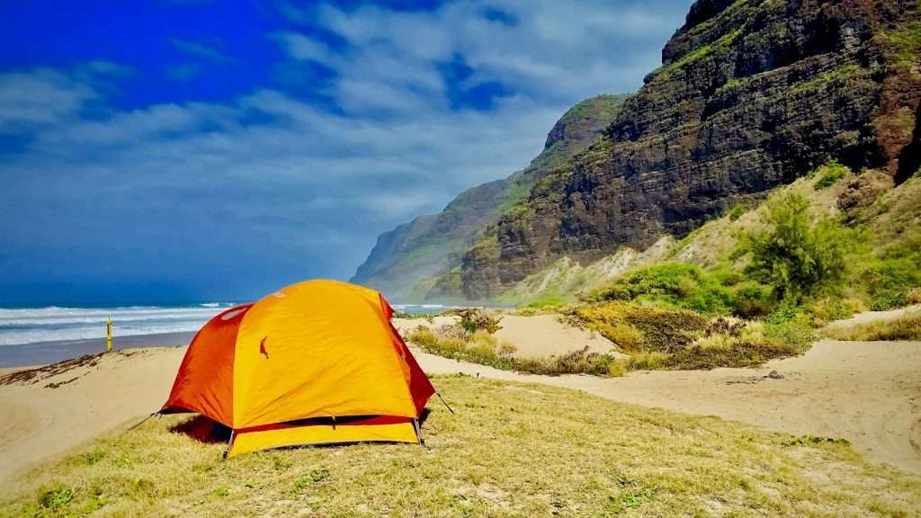 Tent set up for beach camping in Hawaii