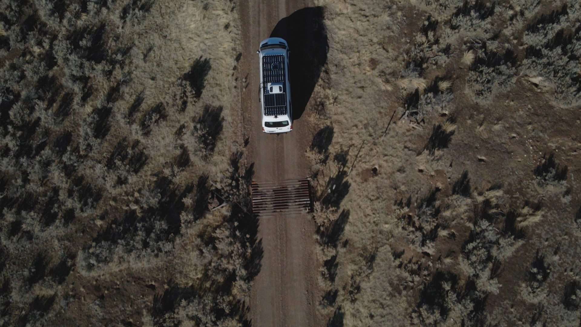 Aerial image of a Class B+ RV driving.