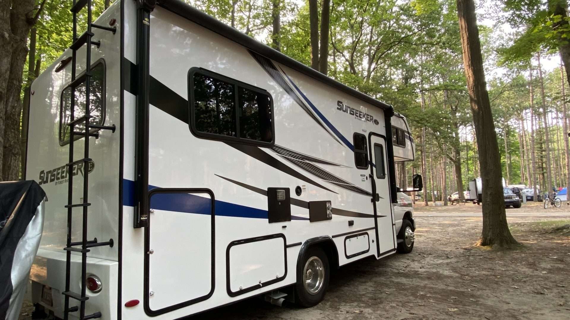 RV parked at campsite in Traverse City.