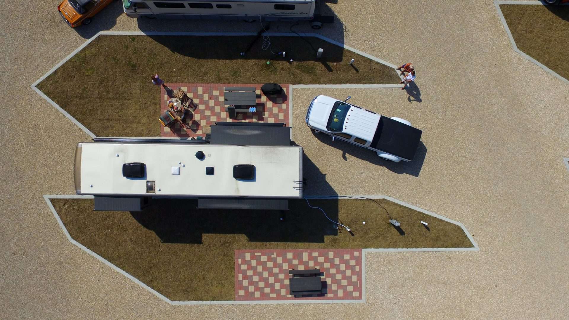 Aerial view of RV with awning