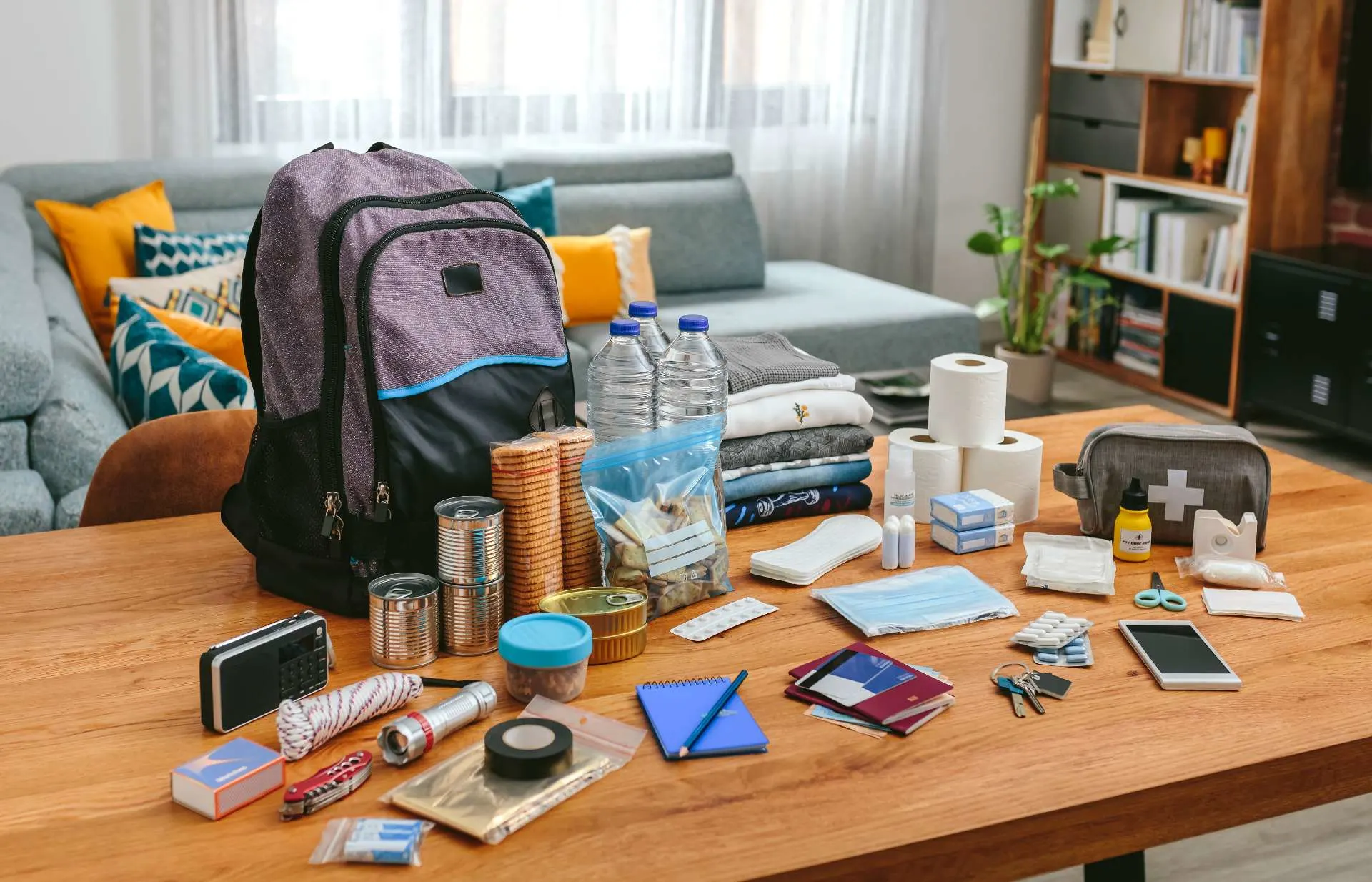 backpack and emergency supplies laid out on table