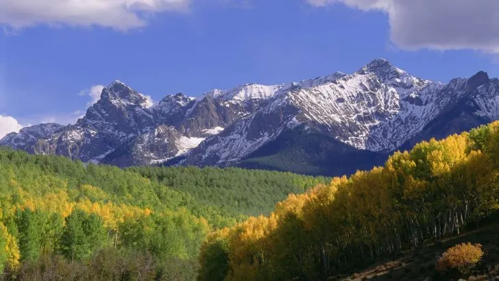 Mount Sneffels in the San Juan Mountains, in Ouray County. Aspen trees in autumn.