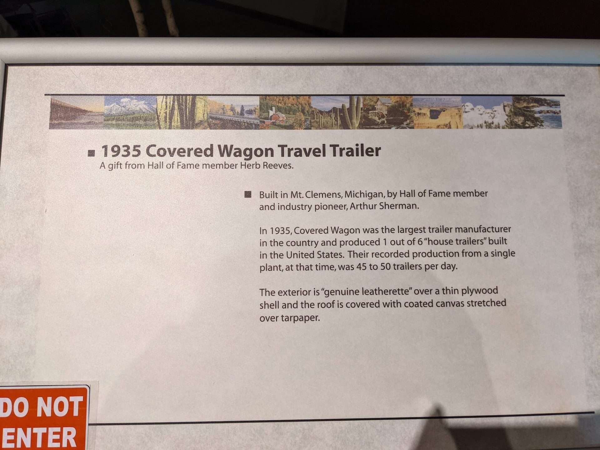 1935 covered wagon travel trailer sign from RV Hall of Fame.