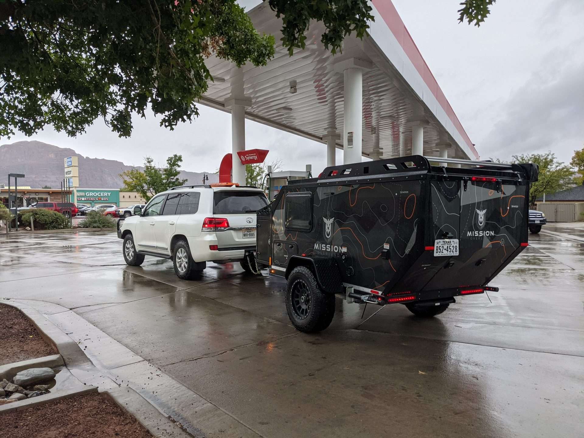 travel trailer at gas station