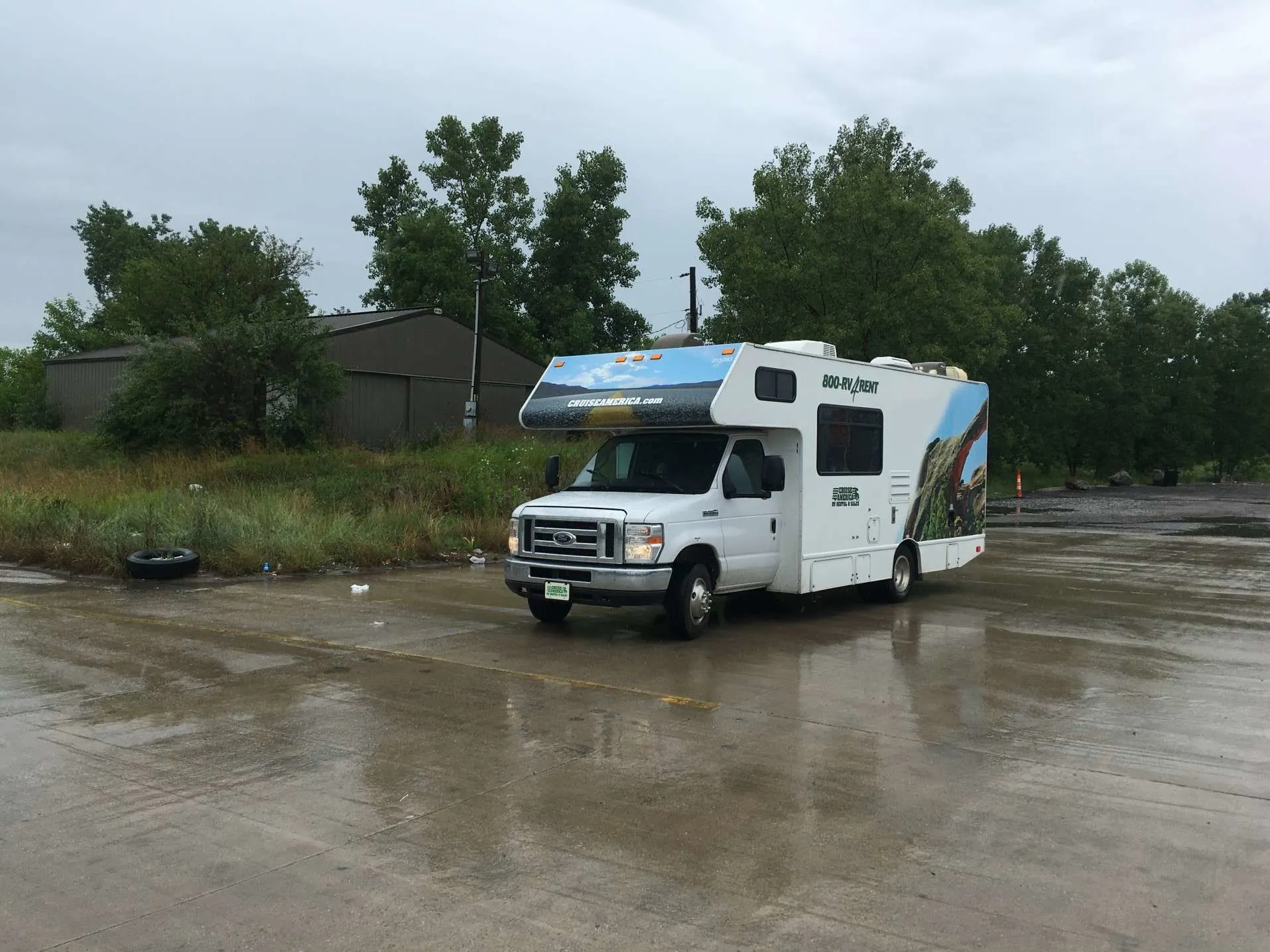 RV parked in a rain storm