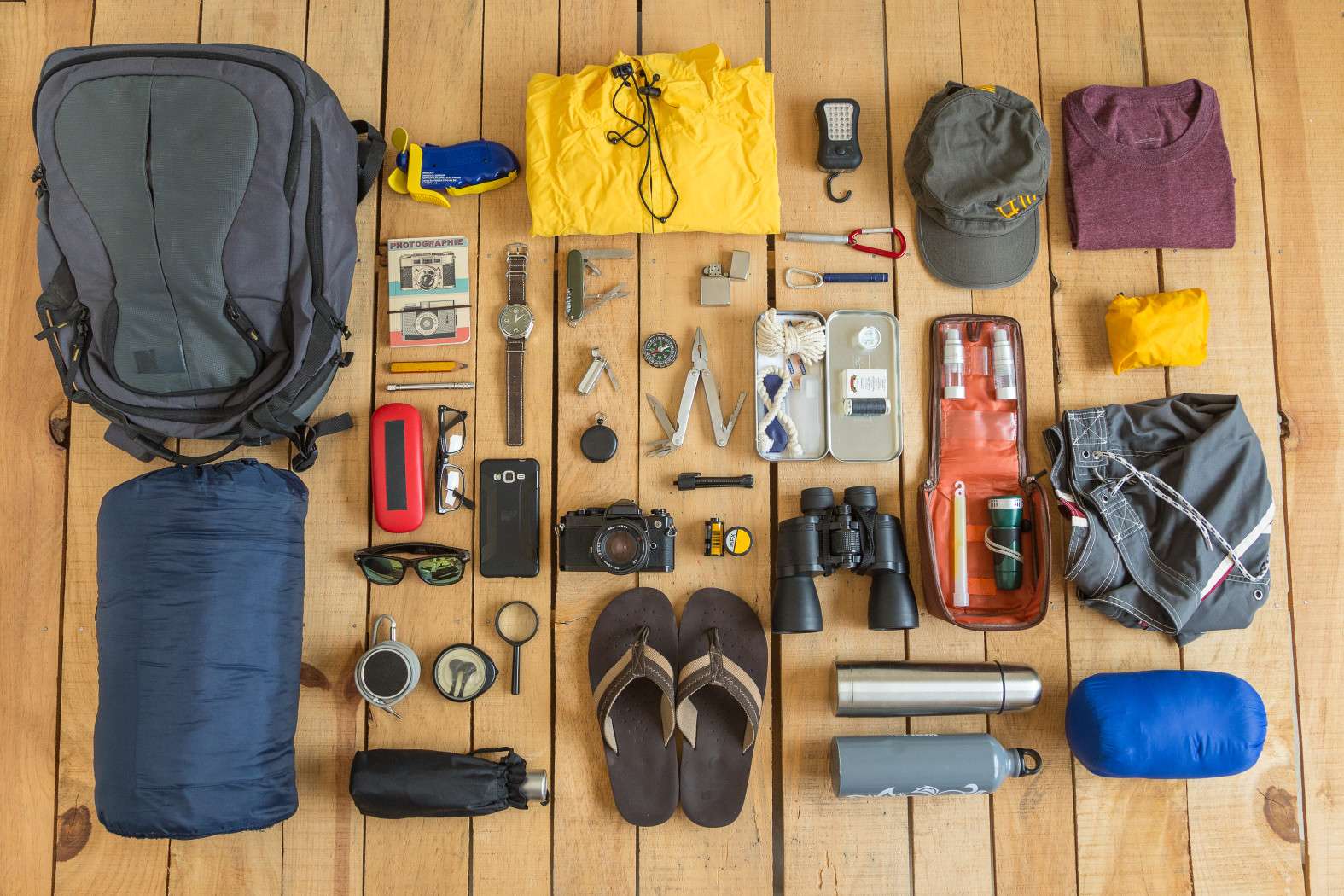 Packing list for camping flat lay.
