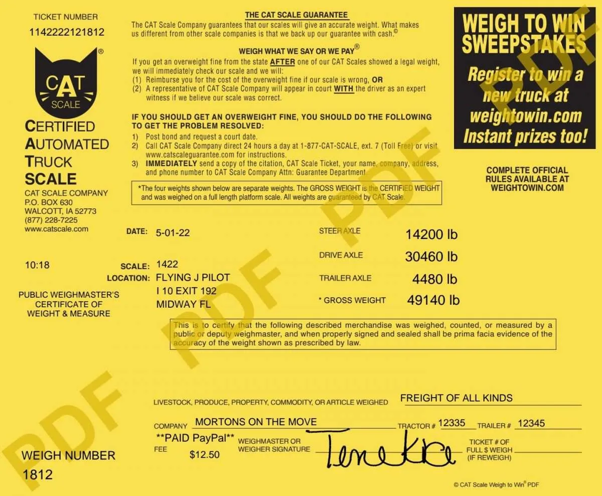 Motorhome CAT scale weight ticket