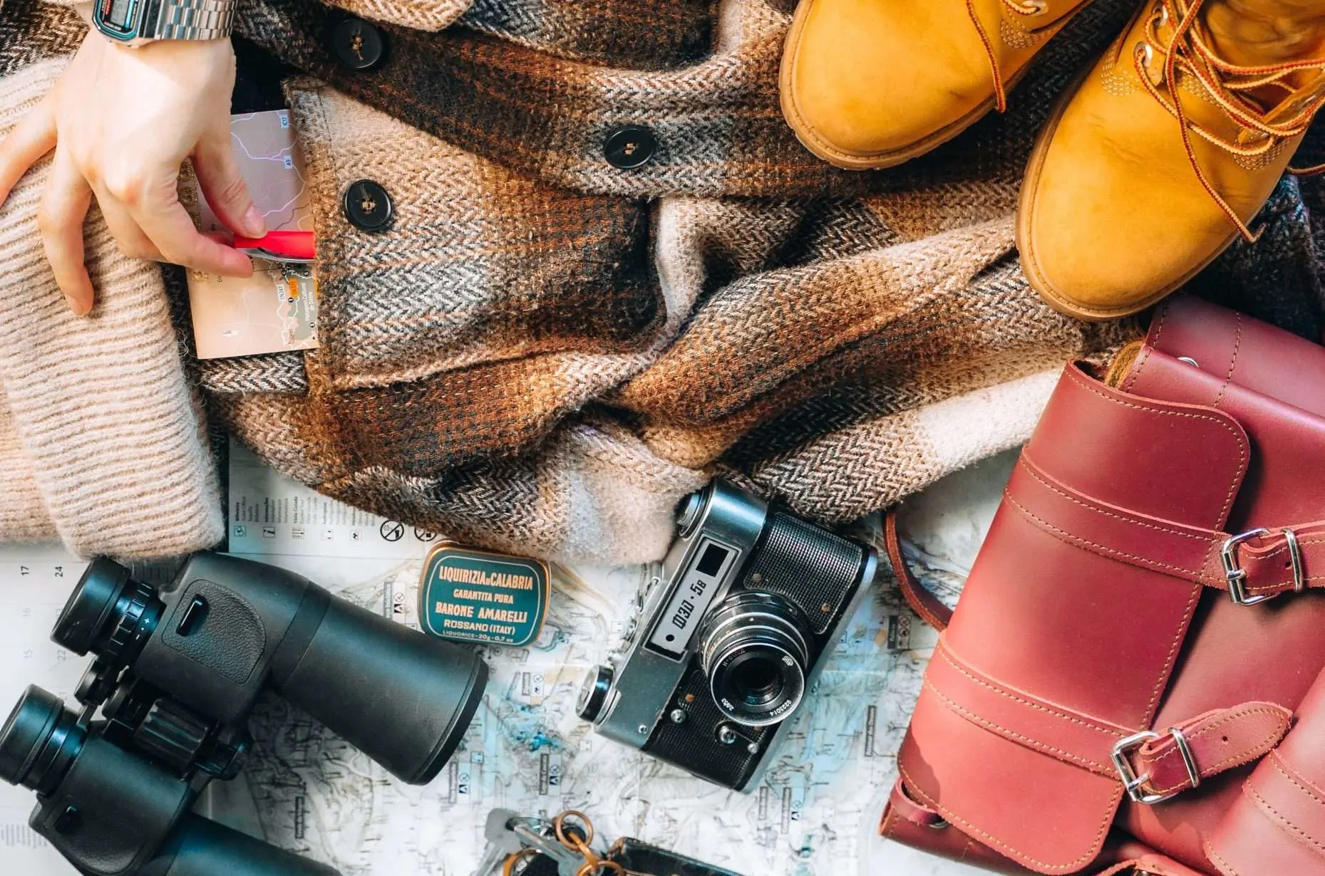 Flat lay of camping gear essentials.