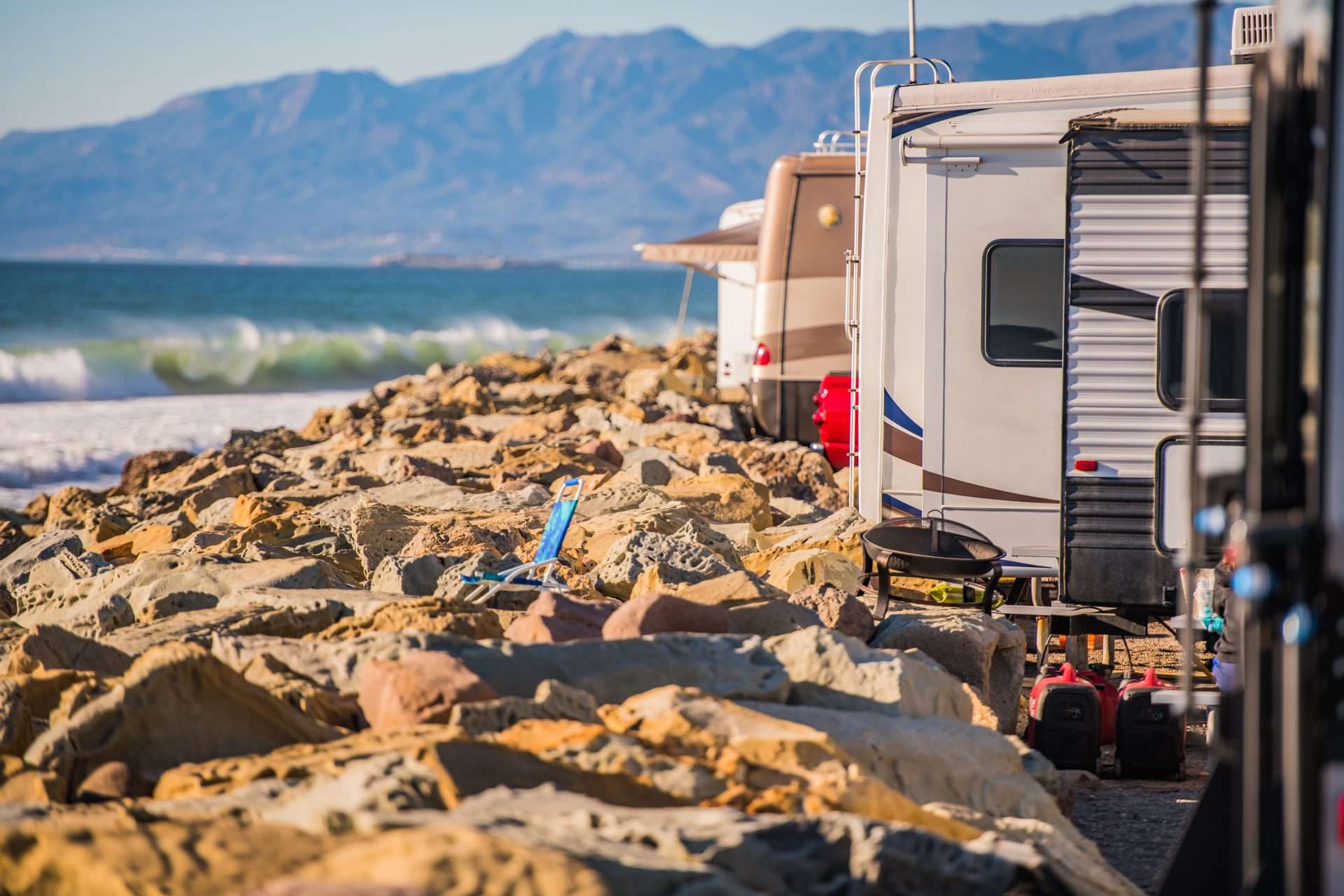 RVs parked on beach for boondocking.