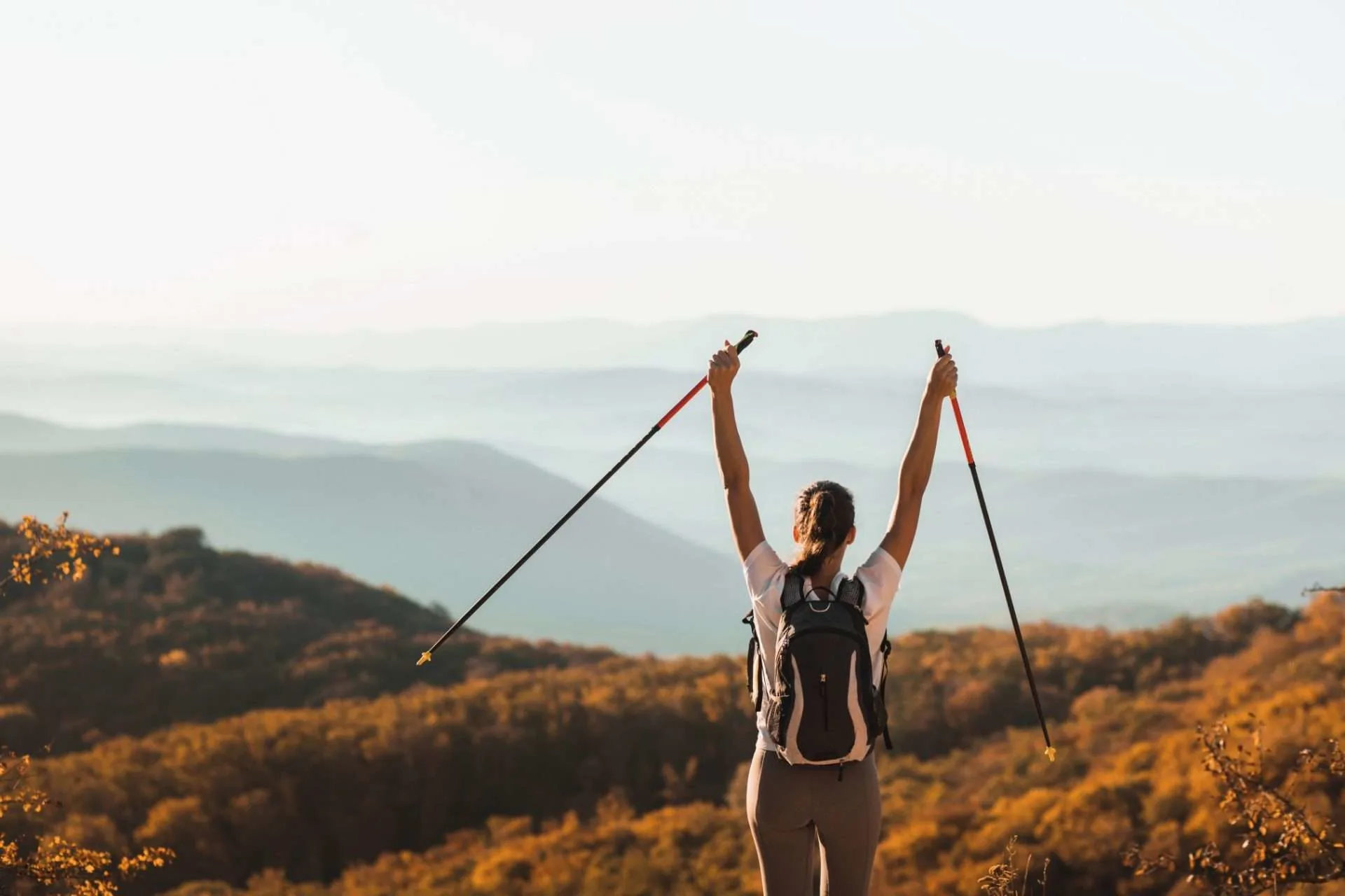 Woman at summit victoriously holding walking sticks for hiking.