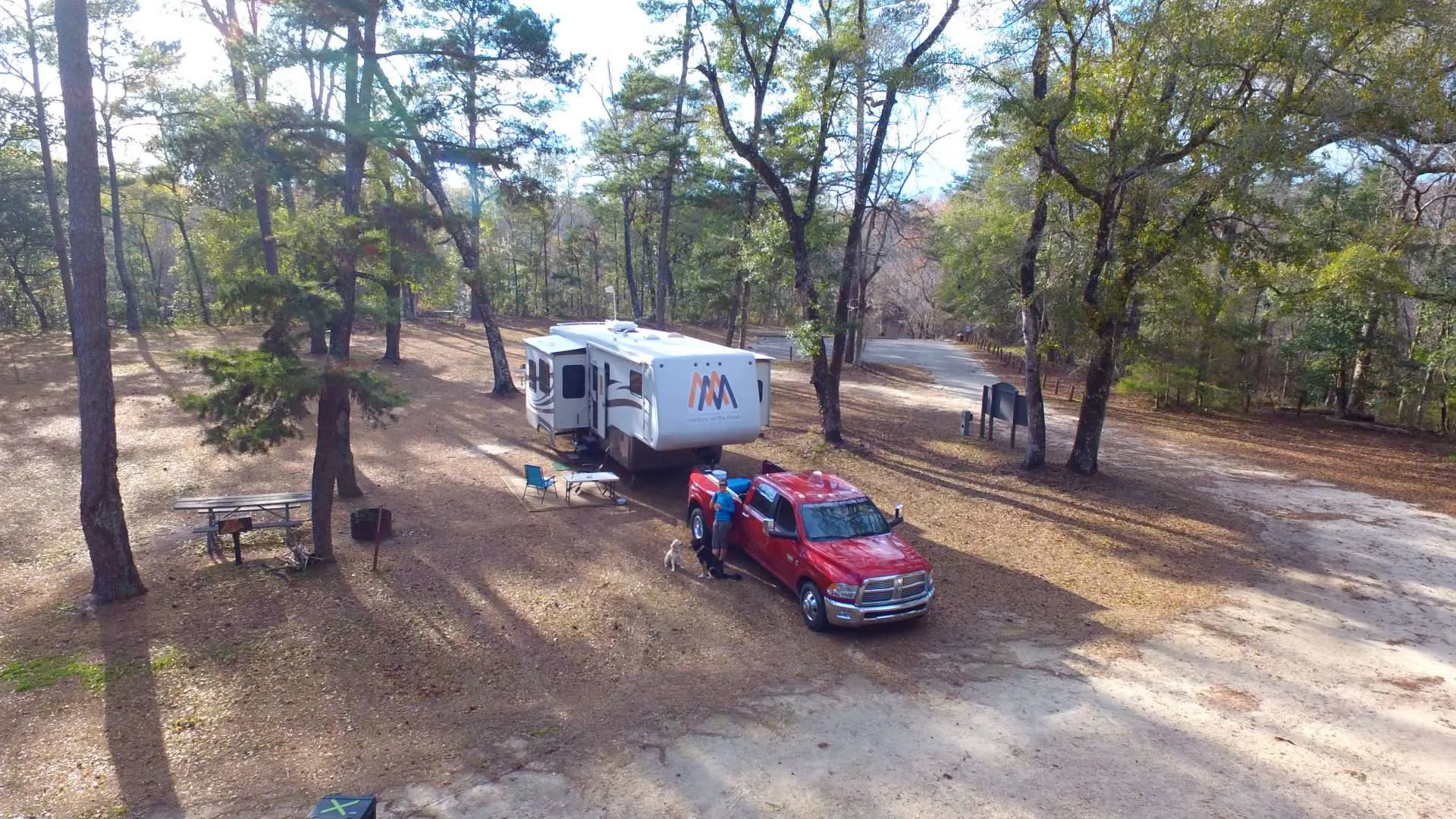 Aerial view of Mortons on the Move fifth wheel trailer parked at campsite with slide-outs open.