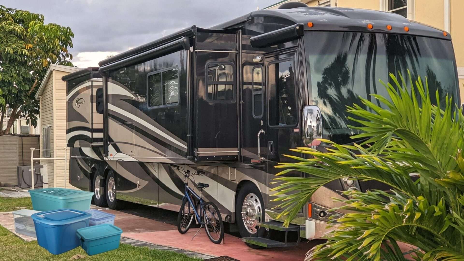 Class A RV with storage bins outside