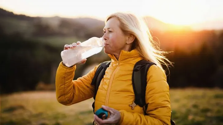woman drinking purified water on hike