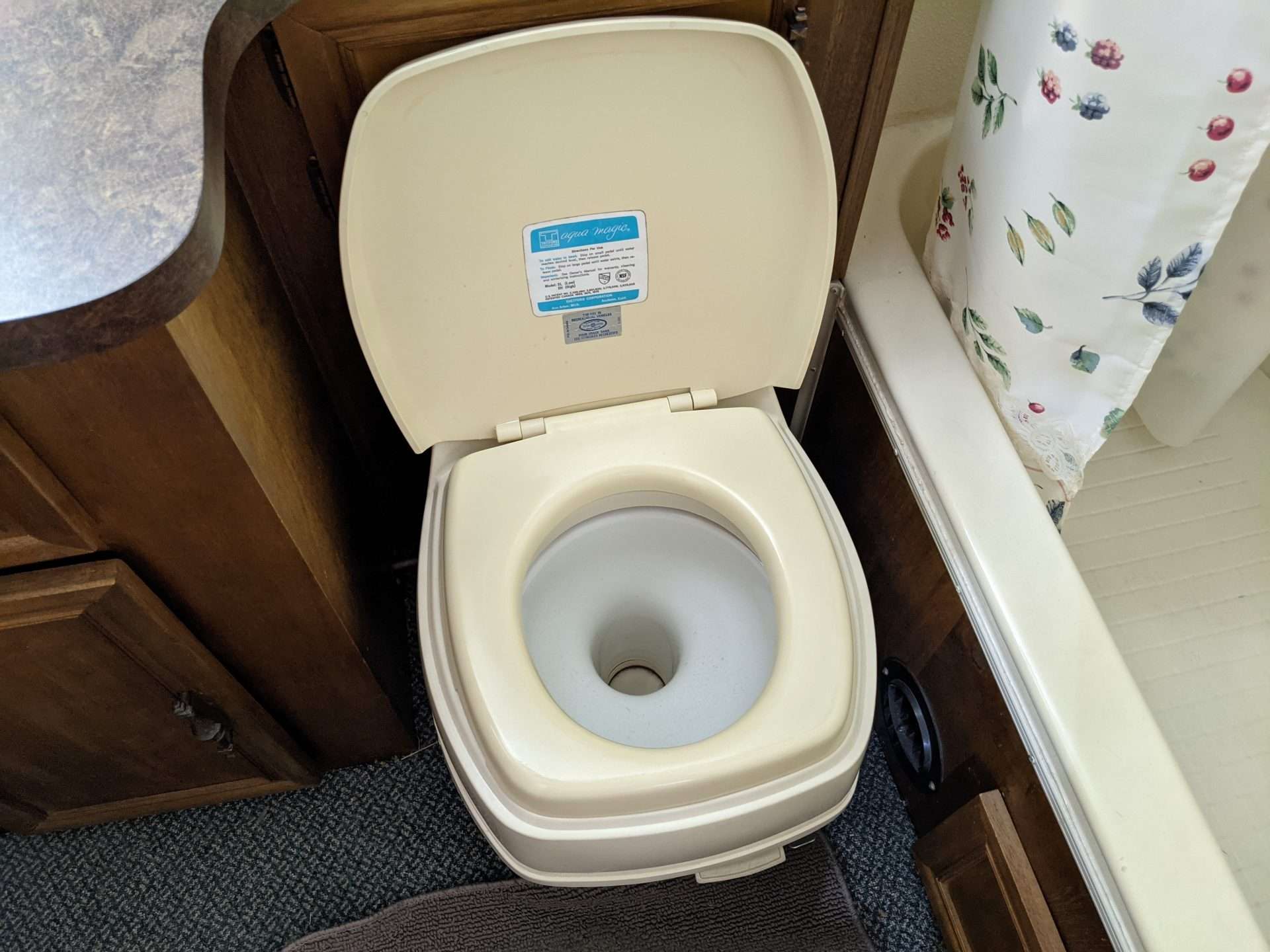 RV toilet with lid up
