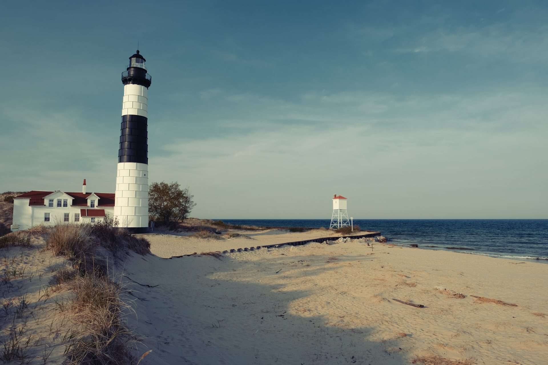 Lighthouse on Michigan beach town.