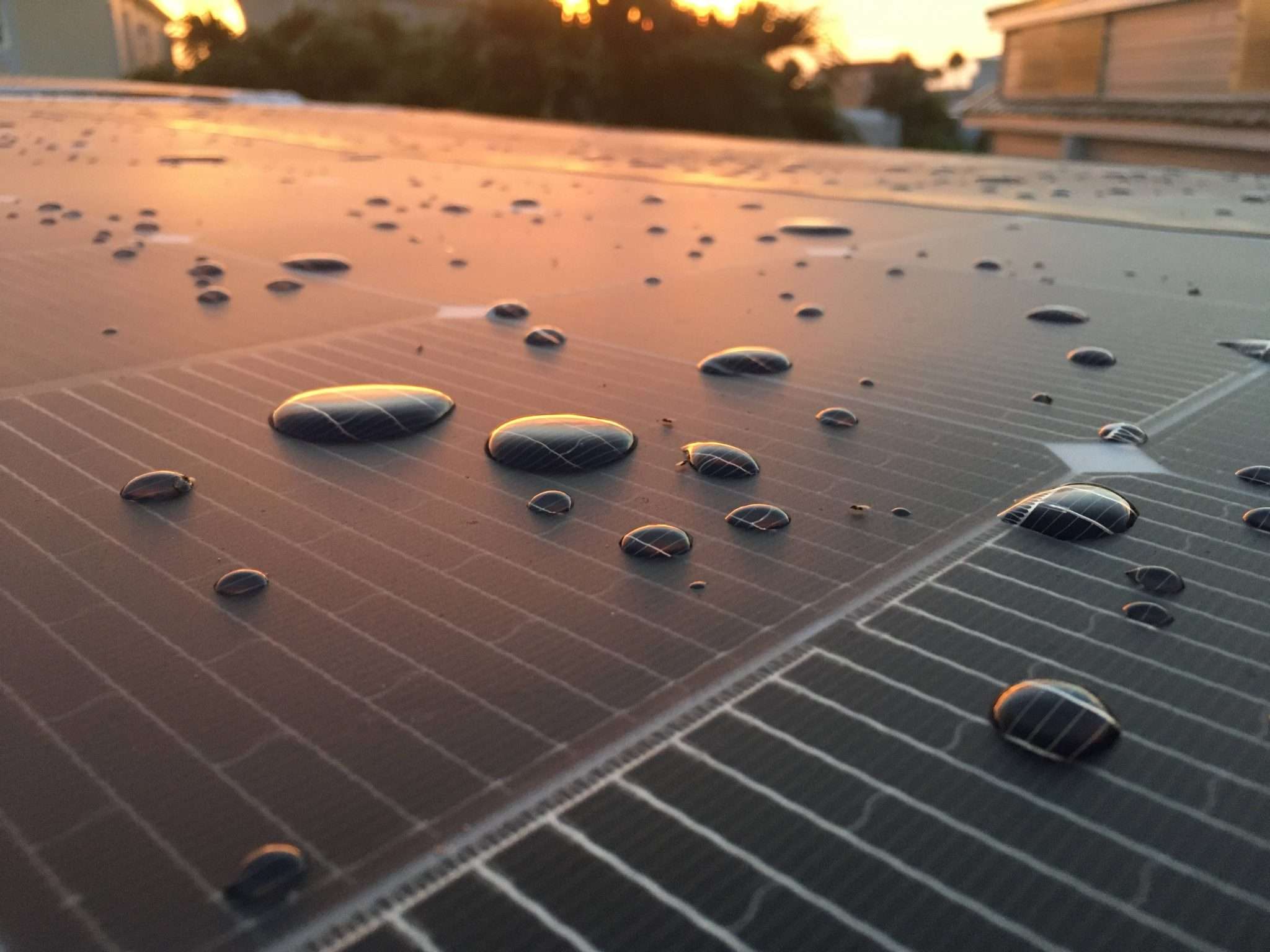 solar panel at sunset with water droplet