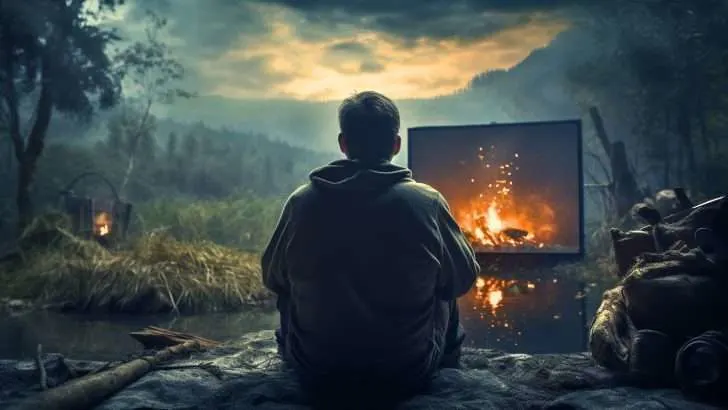 man watching survival tv show in wilderness