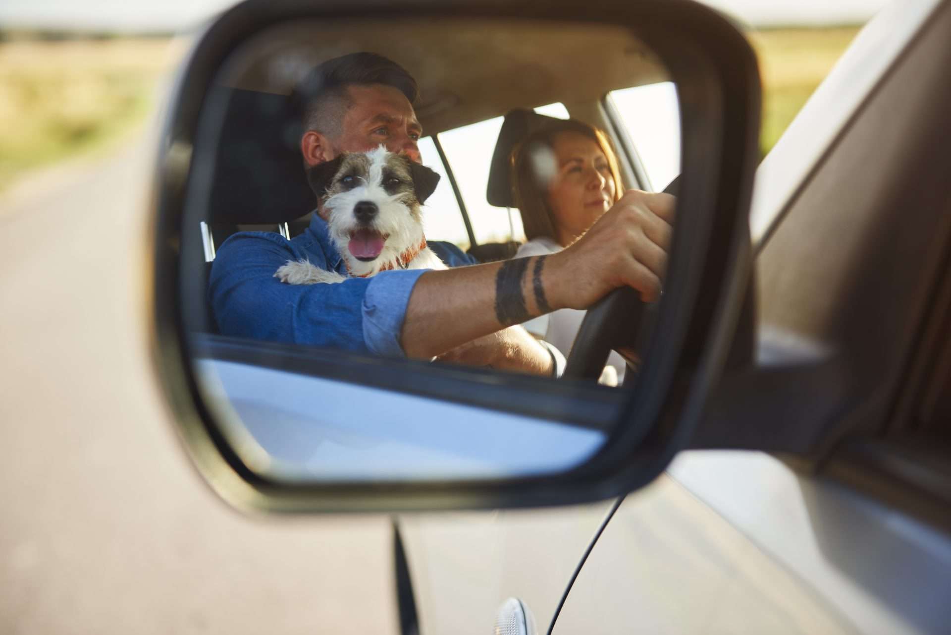 Man, woman, and dog in car mirror on roadtrip