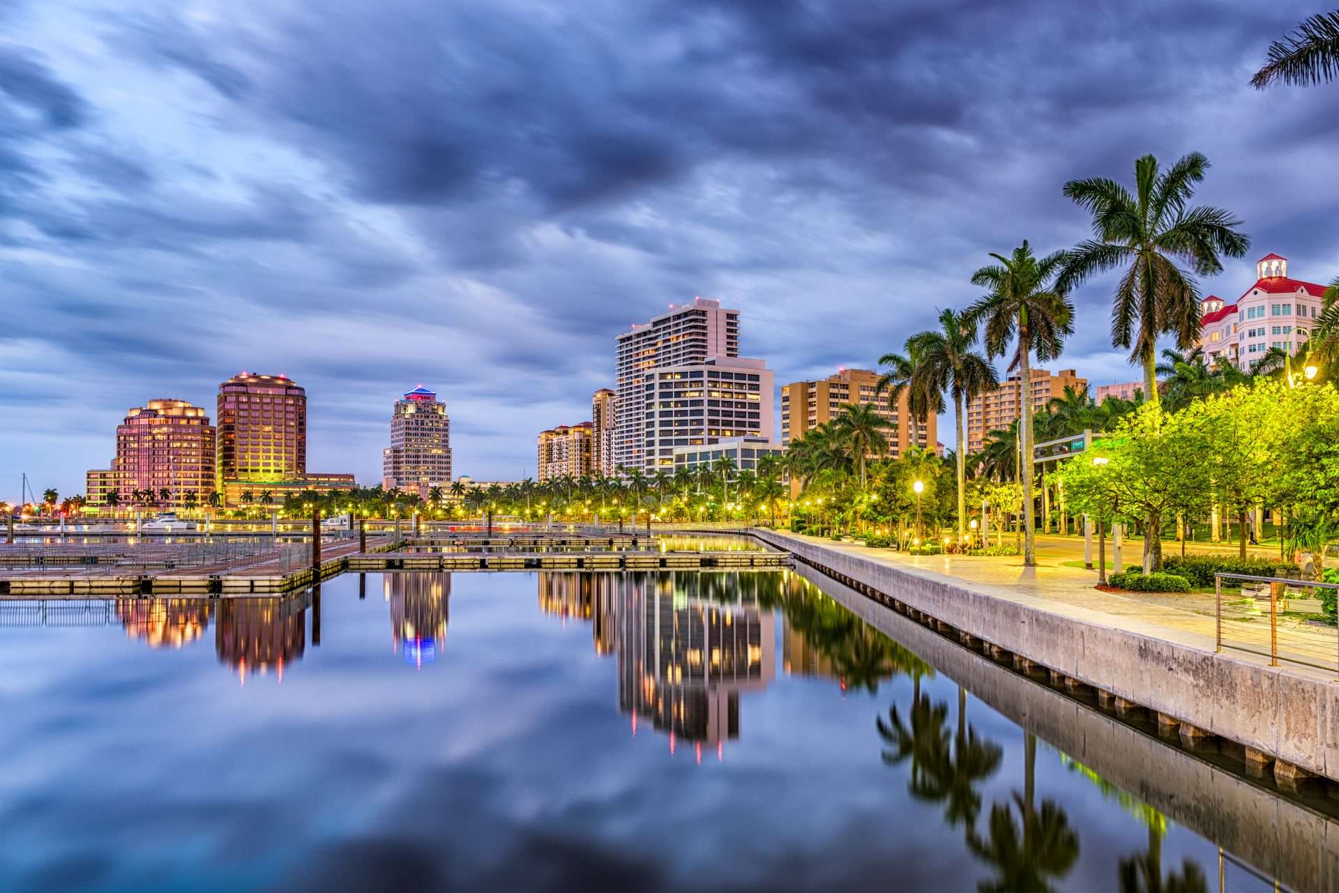 West Palm Beach, Florida, USA downtown skyline on the waterway.