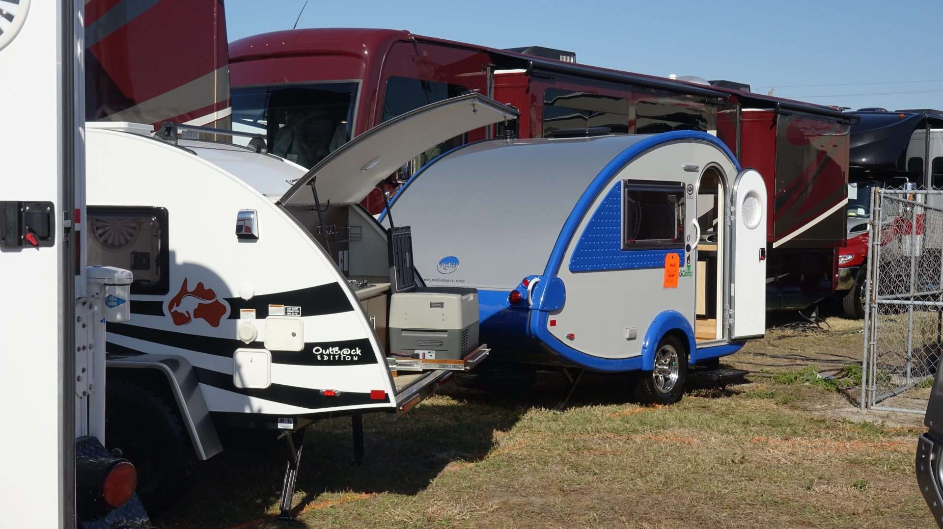 New RV campers parked on a sales lot at RV show